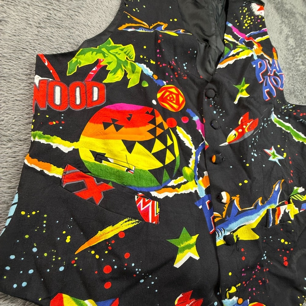 Vintage Planet Hollywood Vest L/XL Black Colorful Graphics 90s Waistcoat - Picture 5 of 7